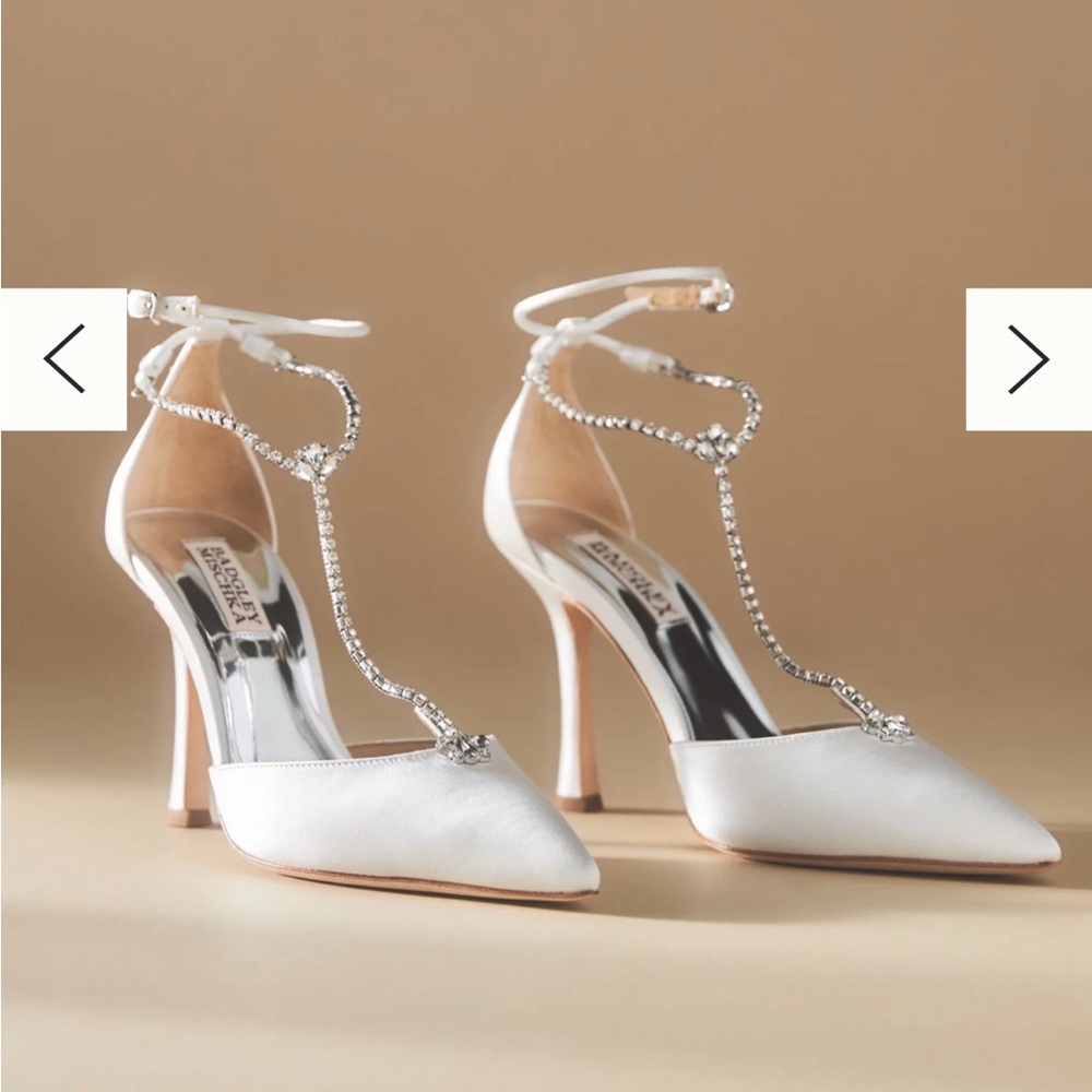 Badgley Mischka White Satin Pointed-Toe Crystal Ankle-Strap Heels